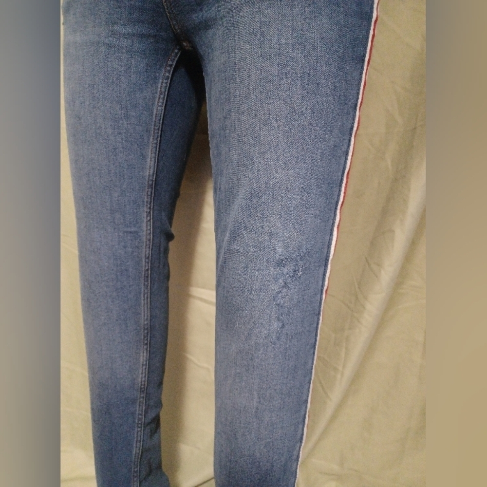 Zara Basic Denim Dept. Blue Skinny Jeans with Red and White Stripe - Picture 8 of 13